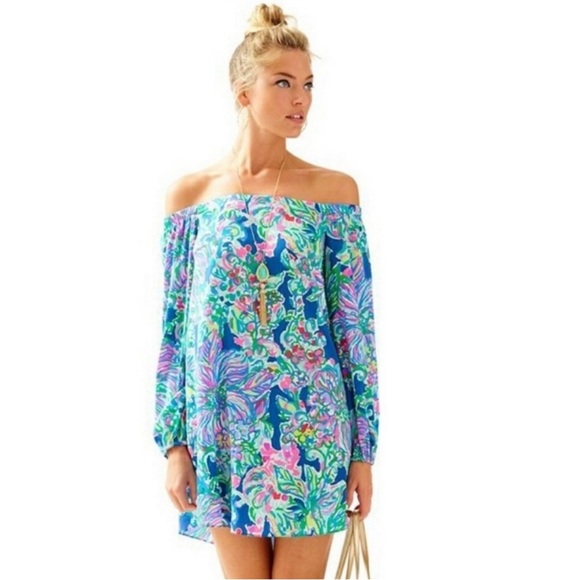 Lilly Pulitzer Dresses & Skirts - Lilly Pulitzer Indigo Exotic Escapade Adira Stretch Off Shoulder Silk Dress XS
